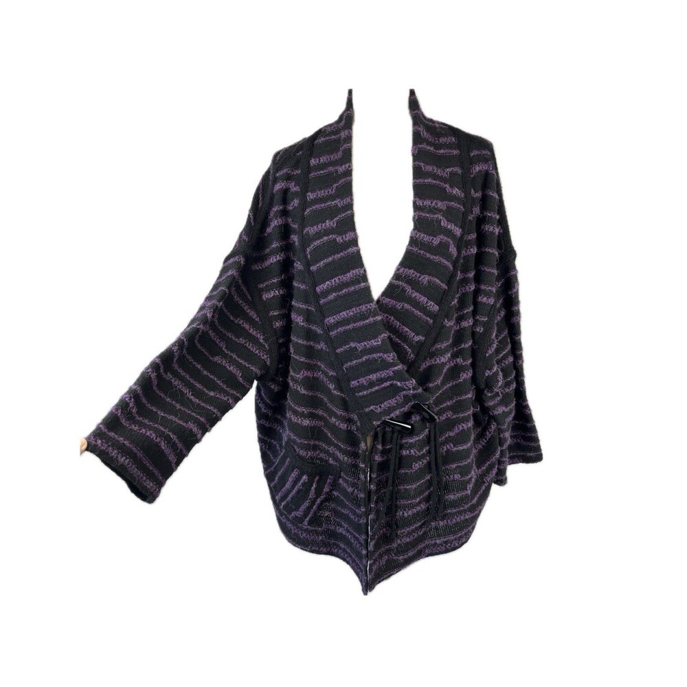 ZELE Lagenlook Wool Blend Striped Fuzzy Cardigan Sweater Size L Artsy Oversized